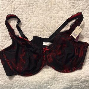 Cacique Black and Red Underwire Bra with Lace Overlay